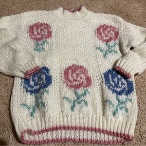Elegant Floral Knit Sweater - Cream with Pink and Blue Flowers
